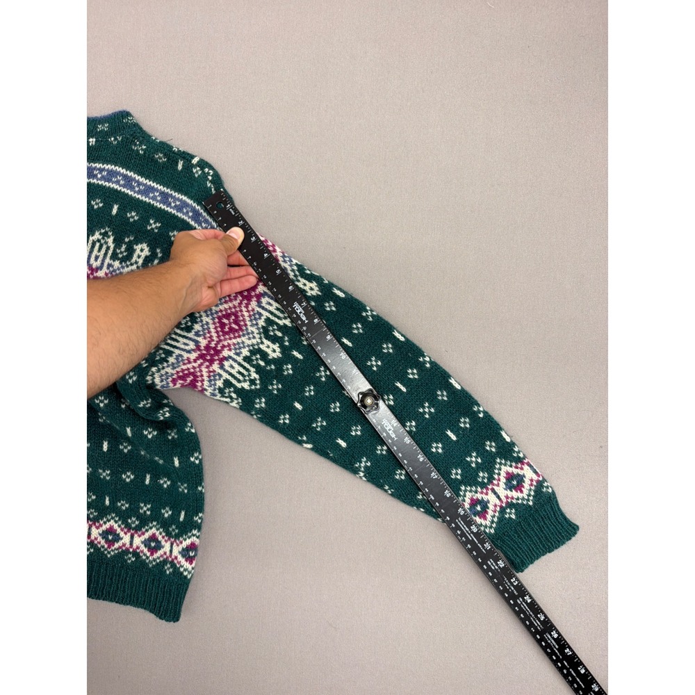 LL Bean Vintage Fair Isle Cardigan Sweater Green Pink Nordic Wool Blend USA Med - Picture 6 of 7